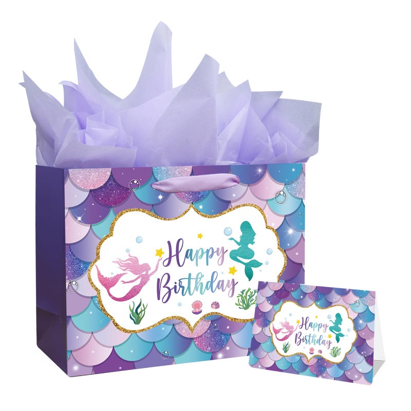 Laidans 13"" Large Mermaid Happy Birthday Gift Bag with Handle  Tissue Paper and Card for Kids Girls - Image 1